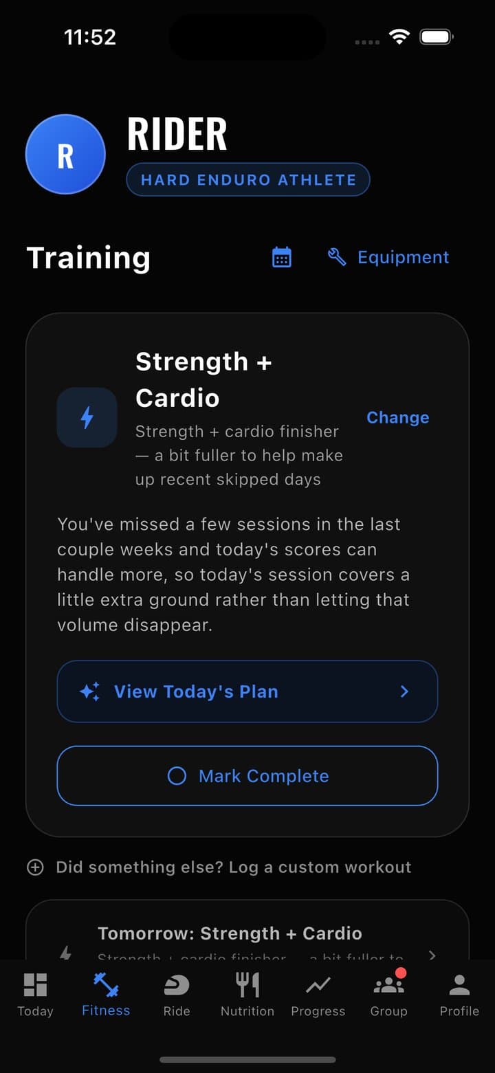 EnduroFit training screen showing today's strength and cardio session for a hard enduro athlete