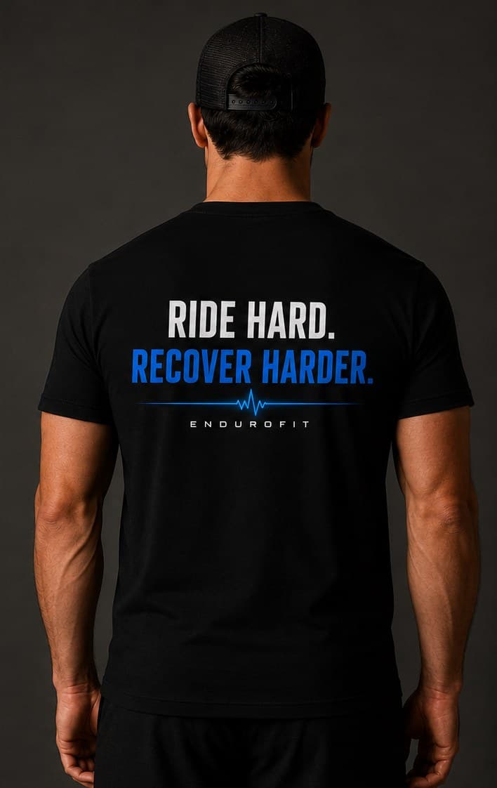 Back of the black EnduroFit tee reading Ride Hard. Recover Harder. above the EnduroFit wordmark