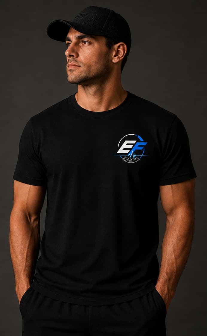 Front of the black EnduroFit tee with the EF mark on the left chest