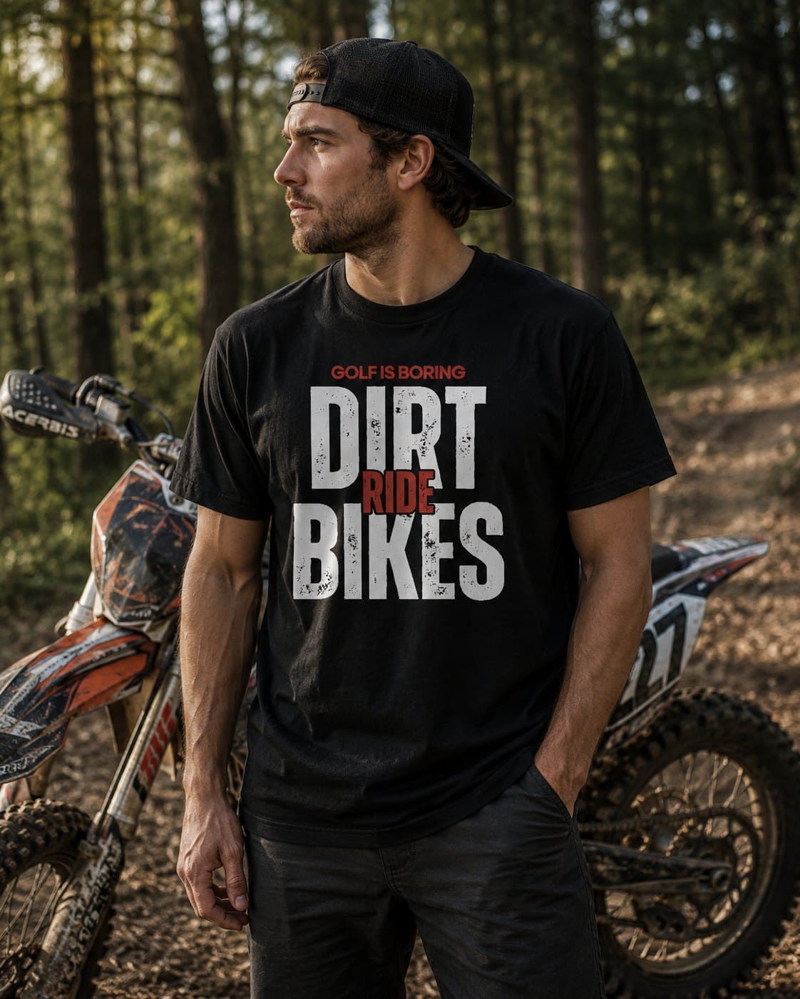 Rider in the black Golf Is Boring, Ride Dirt Bikes tee standing next to an orange dirt bike on a wooded trail