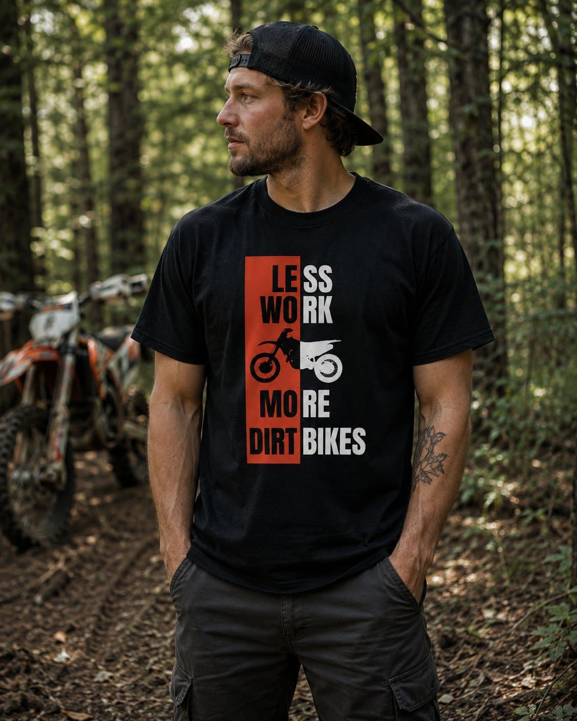 Rider in the black Less Work, More Dirt Bikes tee standing in front of parked dirt bikes in the forest